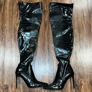 Thigh high faux alligator skin boots